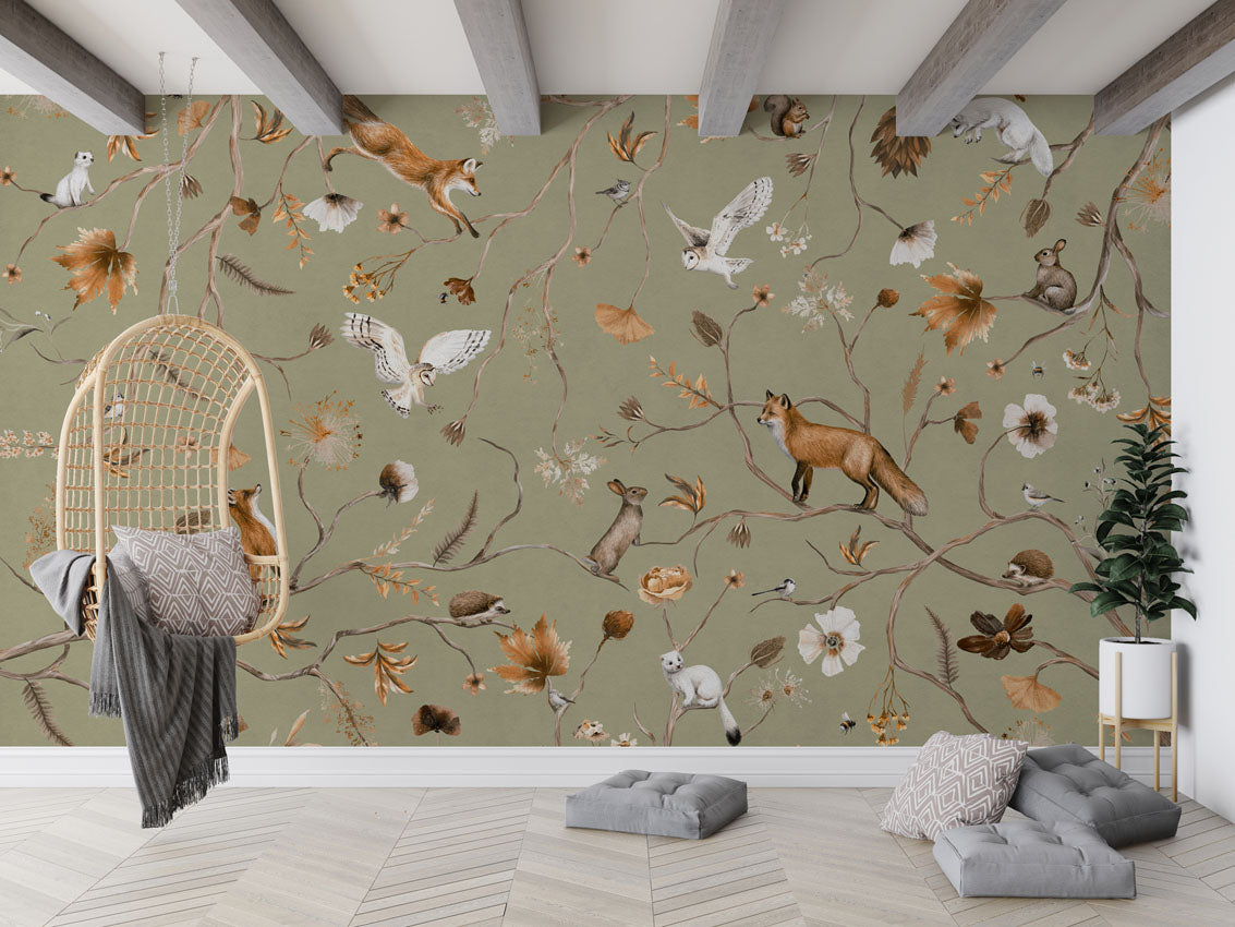 Playful Forest - green luxury wallpaper in kids room interior — Artehub Egypt