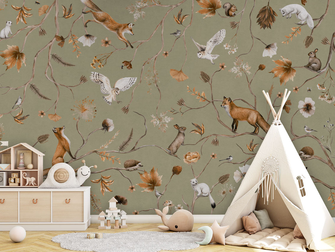 Playful Forest - green luxury wallpaper in kids room interior — Artehub Egypt
