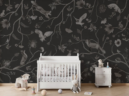 Playful Forest - Monochrome - black luxury wallpaper in kids room interior — Artehub Egypt