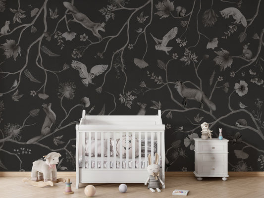 Playful Forest - Monochrome - black luxury wallpaper in kids room interior — Artehub Egypt