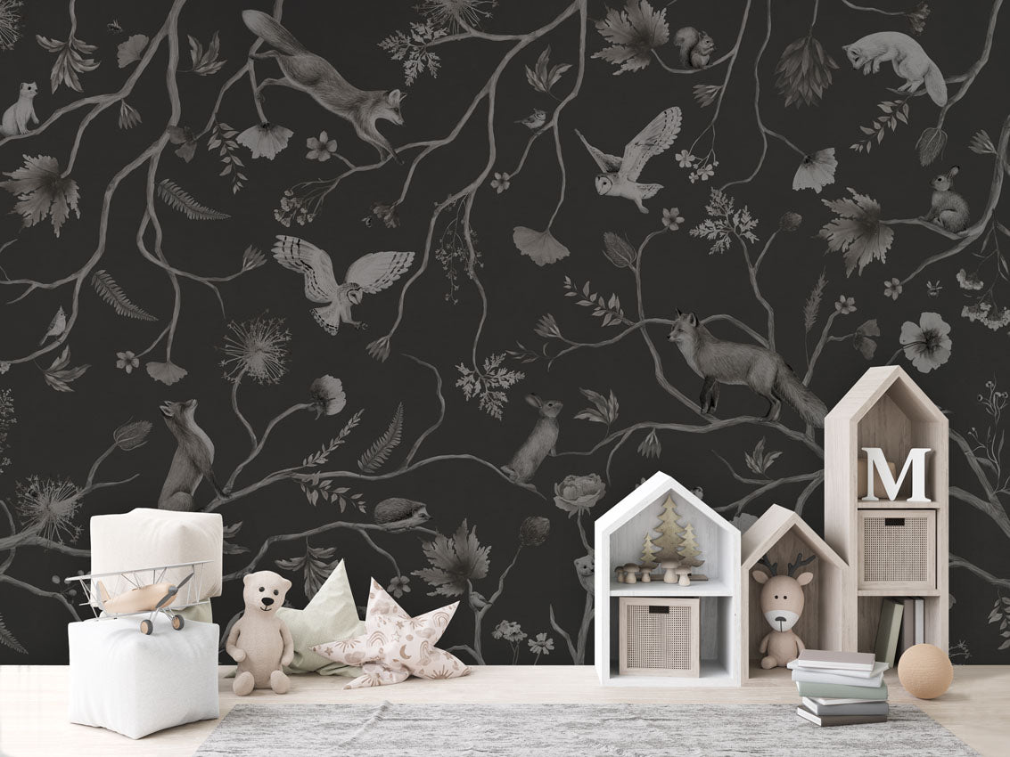 Playful Forest - Monochrome - black luxury wallpaper in kids room interior — Artehub Egypt