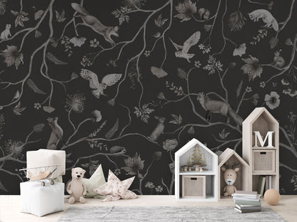 Playful Forest - Monochrome - black luxury wallpaper in kids room interior — Artehub Egypt