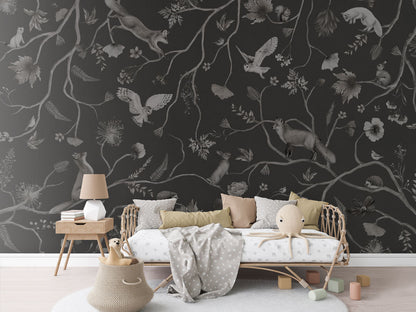 Playful Forest - Monochrome - black luxury wallpaper in kids room interior — Artehub Egypt
