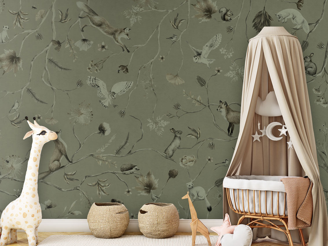 Playful Forest - Monochrome - green luxury wallpaper in kids room interior — Artehub Egypt