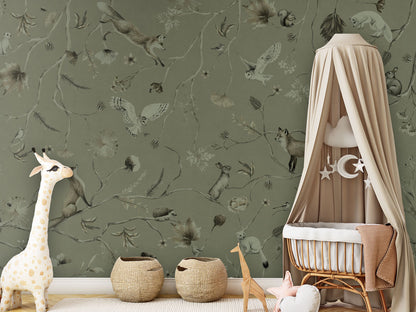 Playful Forest - Monochrome - green luxury wallpaper in kids room interior — Artehub Egypt
