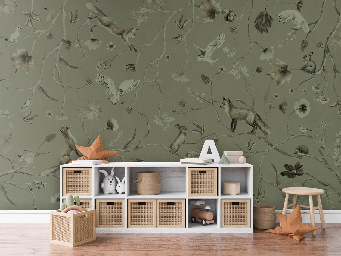 Playful Forest - Monochrome - green luxury wallpaper in kids room interior — Artehub Egypt