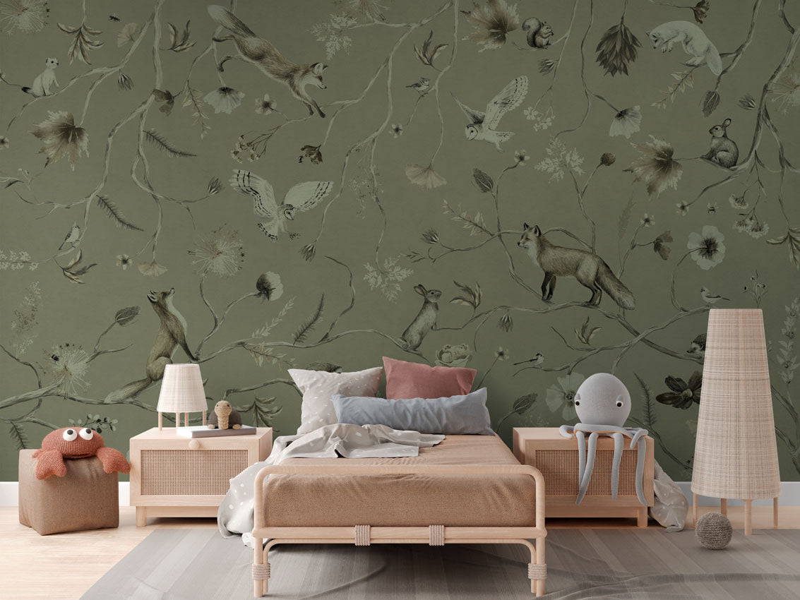 Playful Forest - Monochrome - green luxury wallpaper in kids room interior — Artehub Egypt