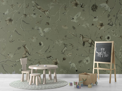 Playful Forest - Monochrome - green luxury wallpaper in kids room interior — Artehub Egypt
