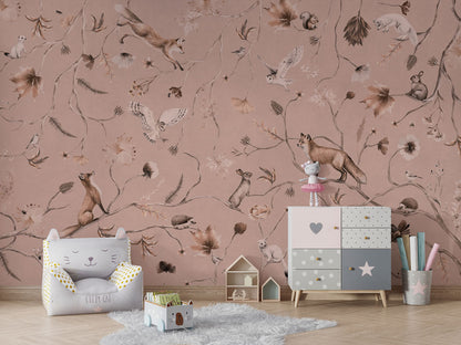 Playful Forest - Monochrome - pink luxury wallpaper in kids room interior — Artehub Egypt