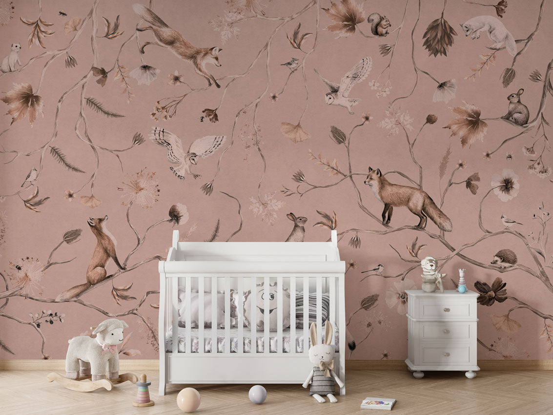 Playful Forest - Monochrome - pink luxury wallpaper in kids room interior — Artehub Egypt