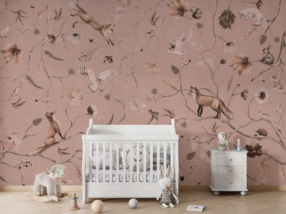 Playful Forest - Monochrome - pink luxury wallpaper in kids room interior — Artehub Egypt