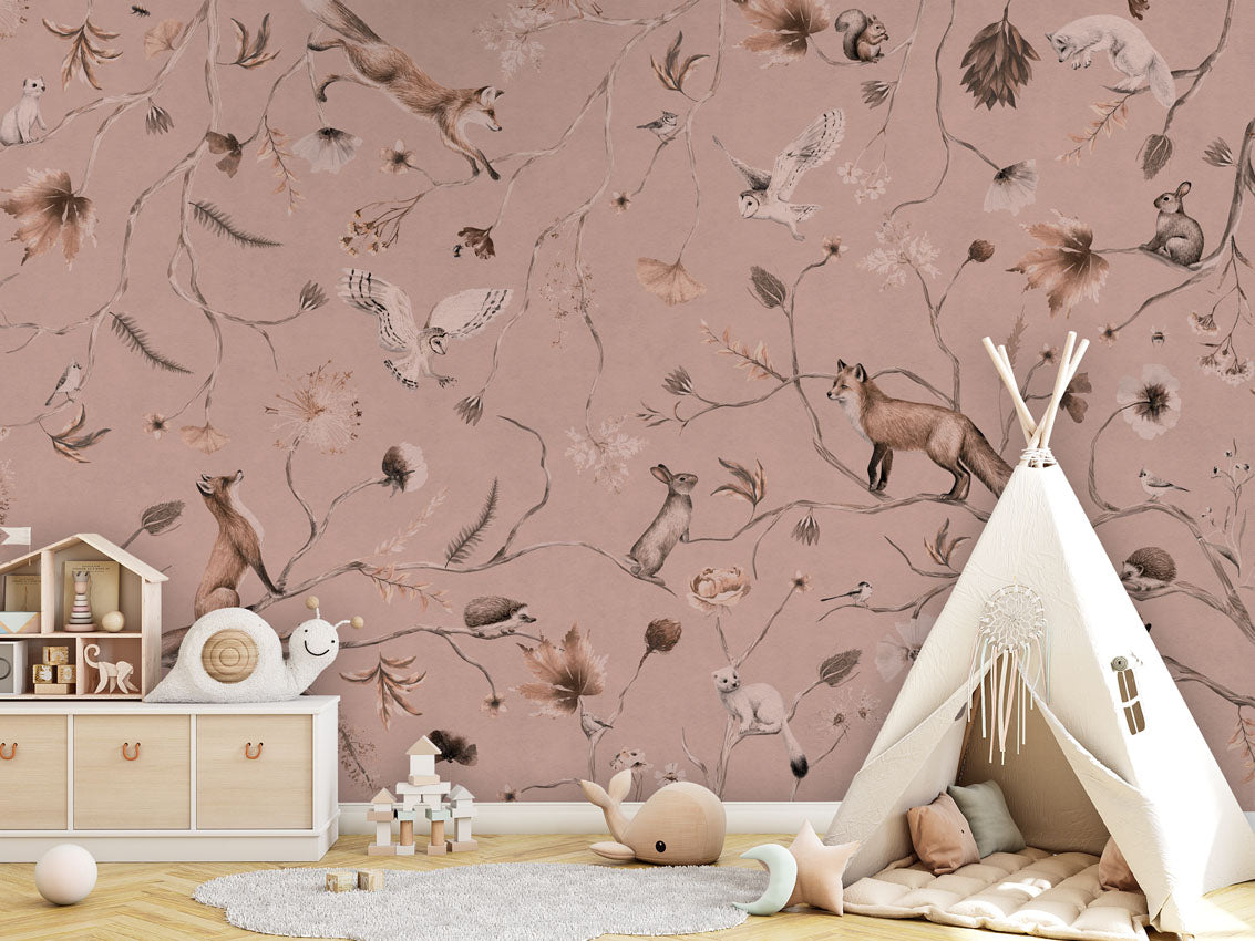 Playful Forest - Monochrome - pink luxury wallpaper in kids room interior — Artehub Egypt