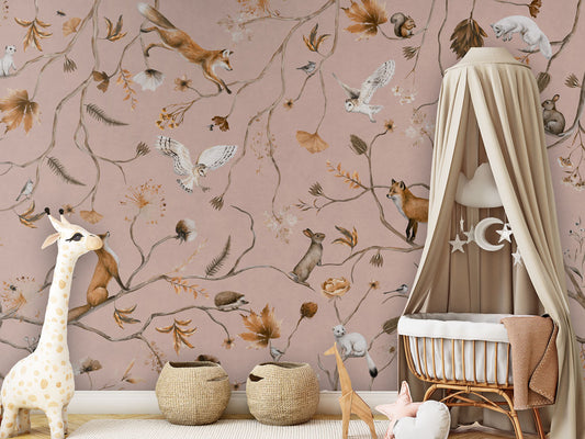 Playful Forest - pink luxury wallpaper in kids room interior — Artehub Egypt