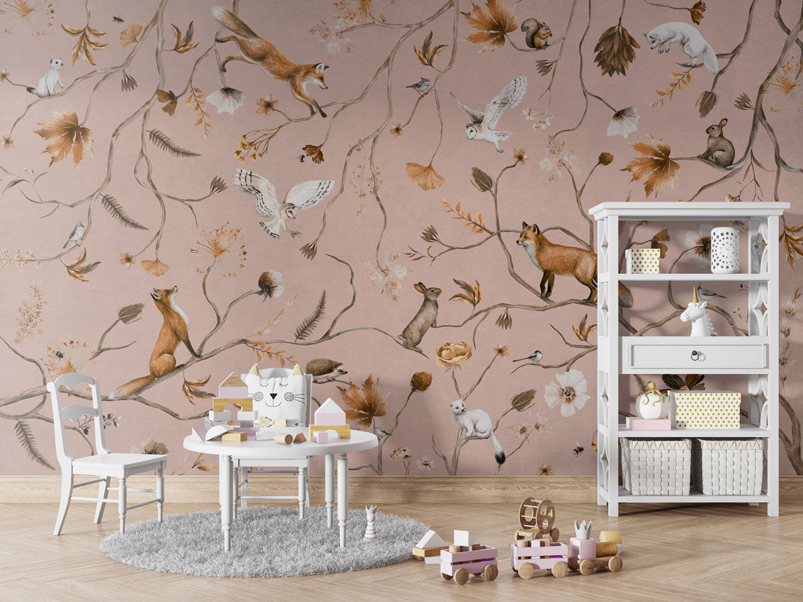 Playful Forest - pink luxury wallpaper in kids room interior — Artehub Egypt