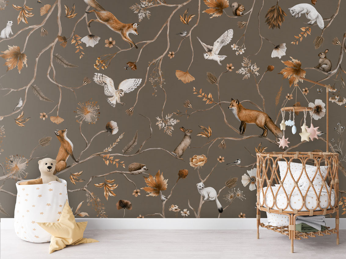 Playful Forest - taupe luxury wallpaper in kids room interior — Artehub Egypt