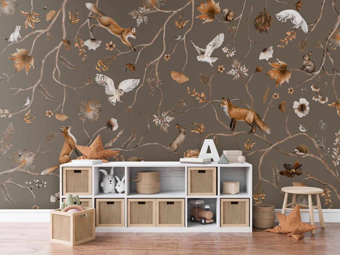 Playful Forest - taupe luxury wallpaper in kids room interior — Artehub Egypt