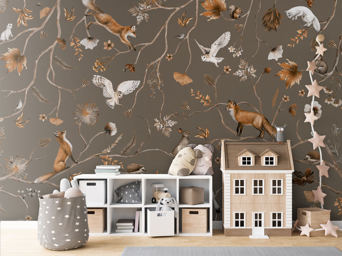 Playful Forest - taupe luxury wallpaper in kids room interior — Artehub Egypt