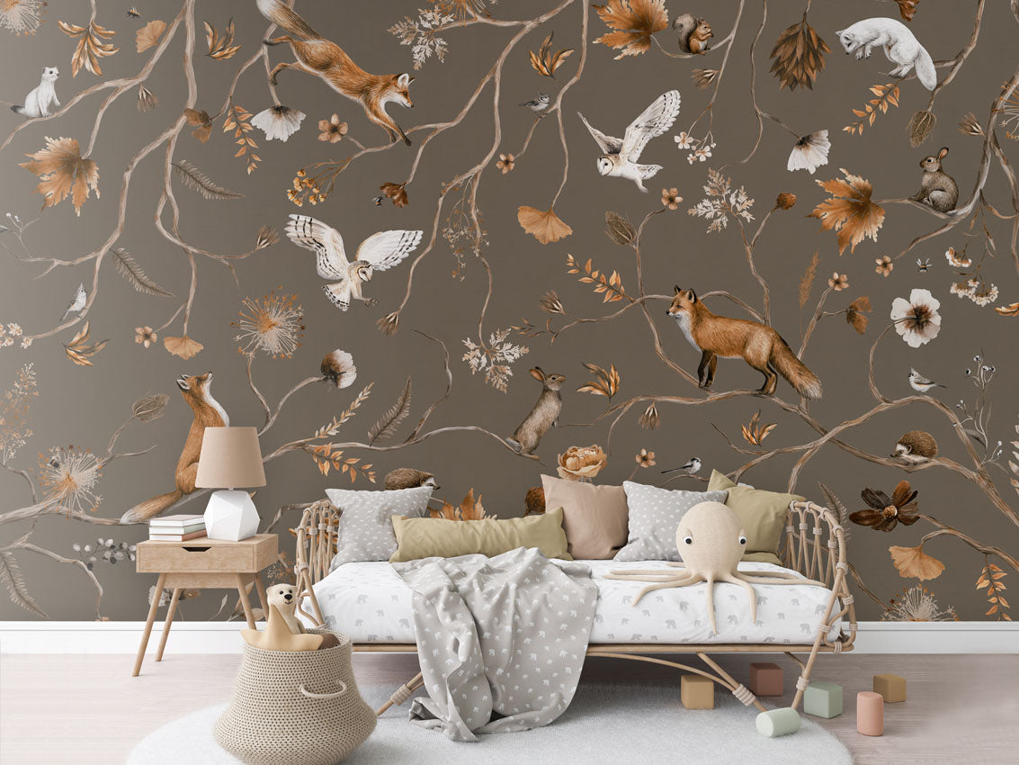 Playful Forest - taupe luxury wallpaper in kids room interior — Artehub Egypt
