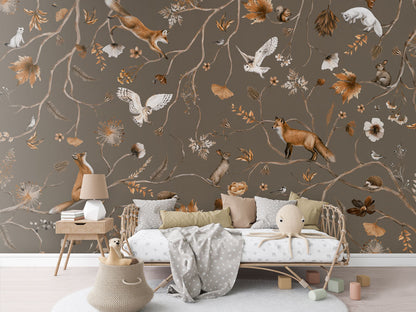 Playful Forest - taupe luxury wallpaper in kids room interior — Artehub Egypt
