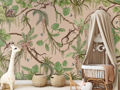 Playful Monkeys - beige luxury wallpaper in kids room interior — Artehub Egypt