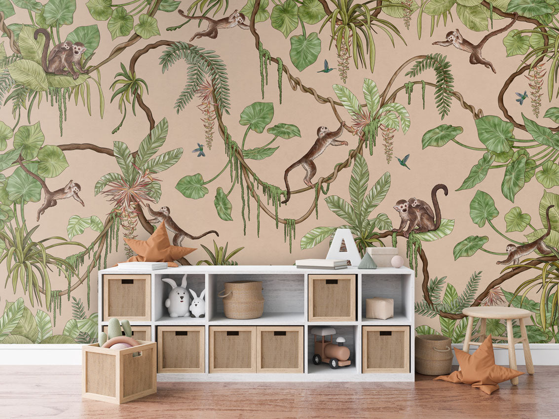 Playful Monkeys - beige luxury wallpaper in kids room interior — Artehub Egypt