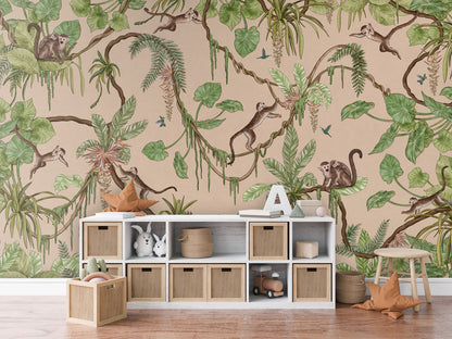Playful Monkeys - beige luxury wallpaper in kids room interior — Artehub Egypt