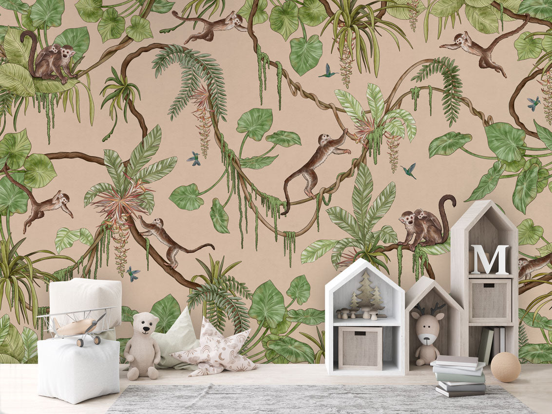 Playful Monkeys - beige luxury wallpaper in kids room interior — Artehub Egypt