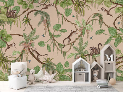 Playful Monkeys - beige luxury wallpaper in kids room interior — Artehub Egypt