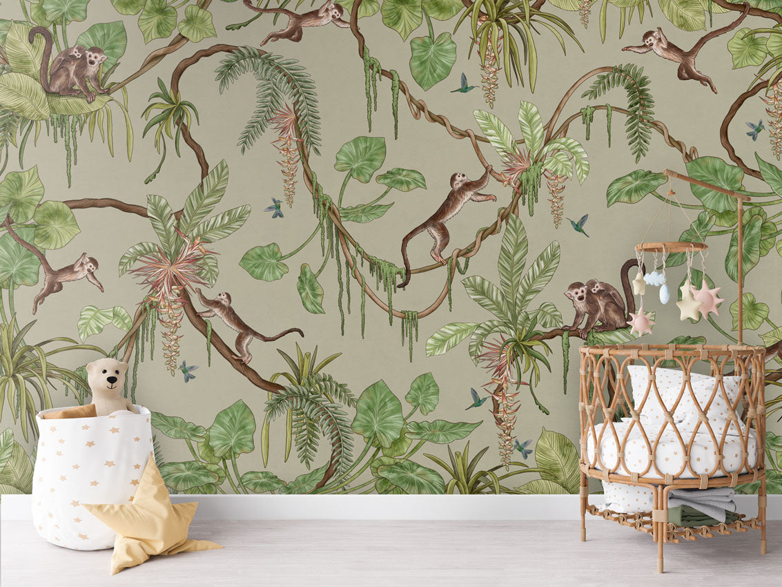 Playful Monkeys - green luxury wallpaper in kids room interior — Artehub Egypt