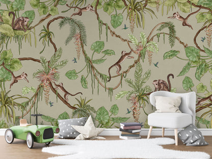 Playful Monkeys - green luxury wallpaper in kids room interior — Artehub Egypt