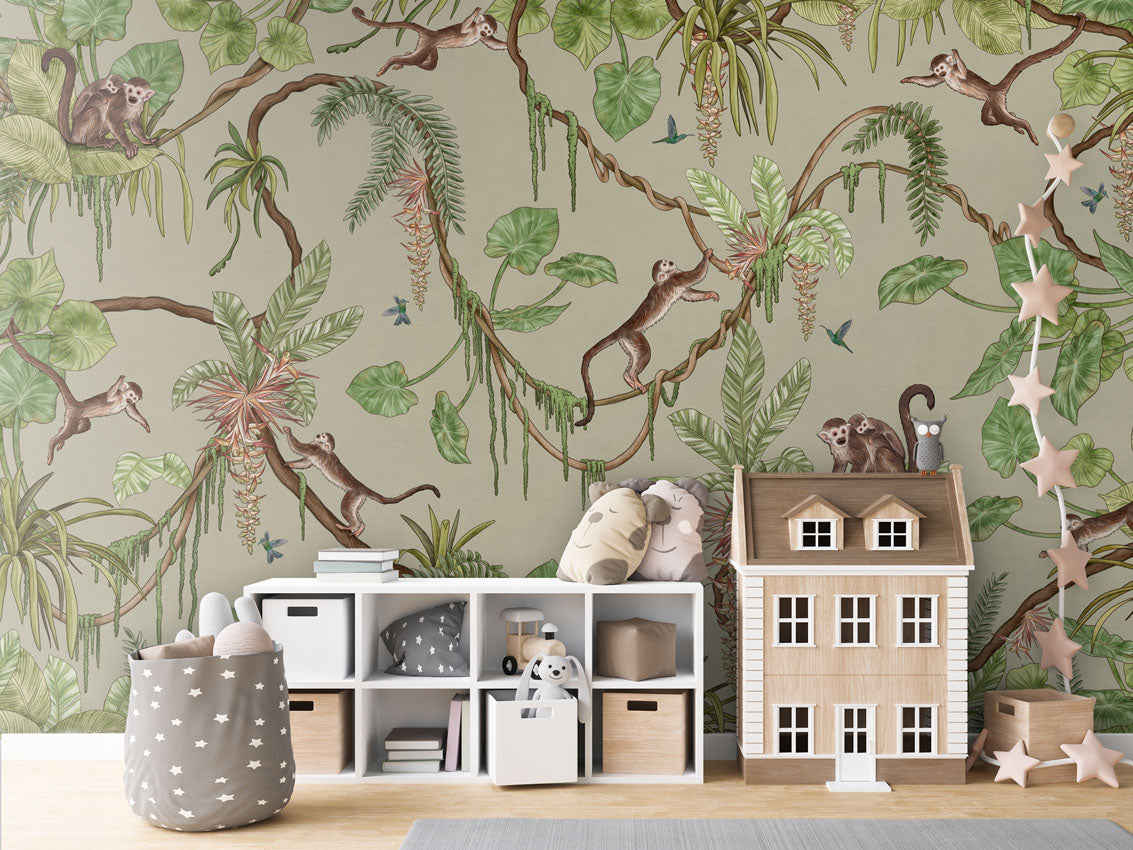 Playful Monkeys - green luxury wallpaper in kids room interior — Artehub Egypt