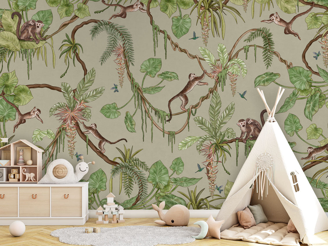 Playful Monkeys - green luxury wallpaper in kids room interior — Artehub Egypt