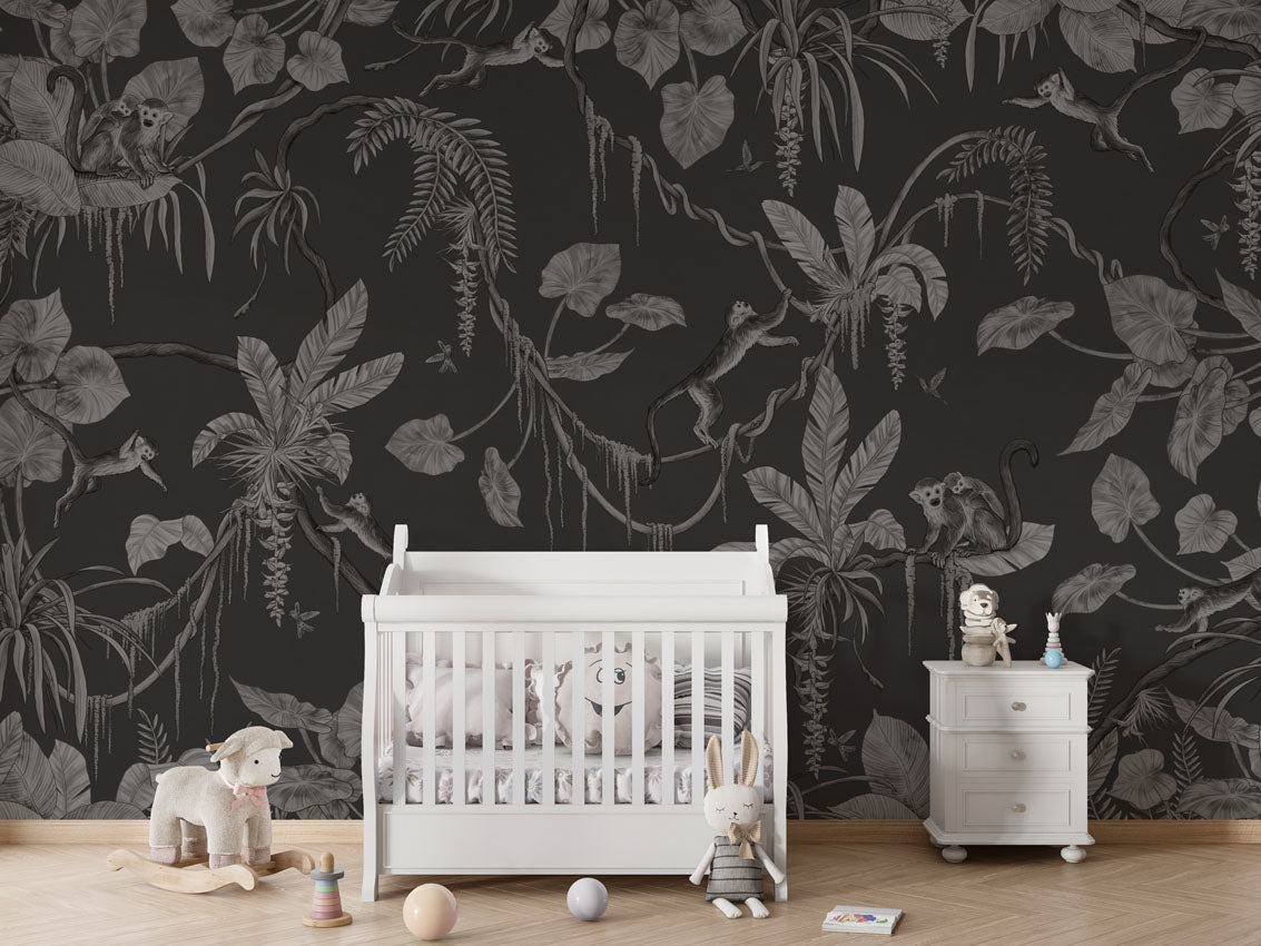 Playful Monkeys - Monochrome - black luxury wallpaper in kids room interior — Artehub Egypt