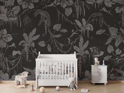 Playful Monkeys - Monochrome - black luxury wallpaper in kids room interior — Artehub Egypt
