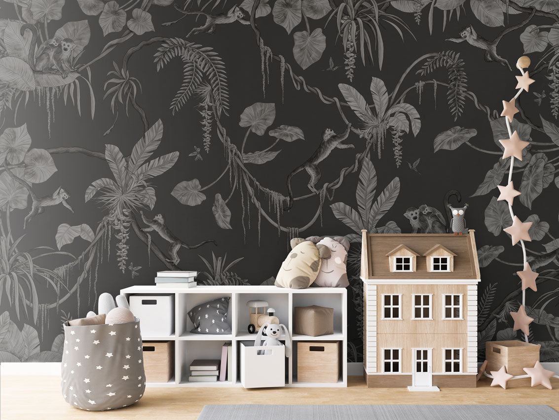 Playful Monkeys - Monochrome - black luxury wallpaper in kids room interior — Artehub Egypt