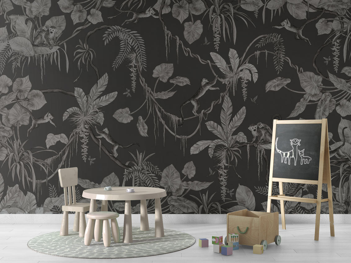 Playful Monkeys - Monochrome - black luxury wallpaper in kids room interior — Artehub Egypt