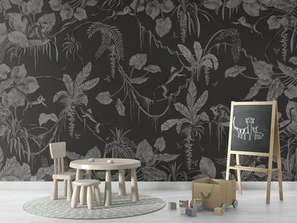 Playful Monkeys - Monochrome - black luxury wallpaper in kids room interior — Artehub Egypt