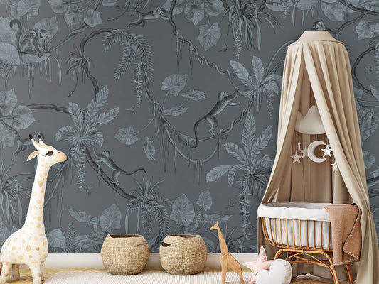 Playful Monkeys - Monochrome - blue luxury wallpaper in kids room interior — Artehub Egypt