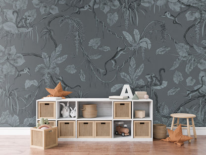 Playful Monkeys - Monochrome - blue luxury wallpaper in kids room interior — Artehub Egypt