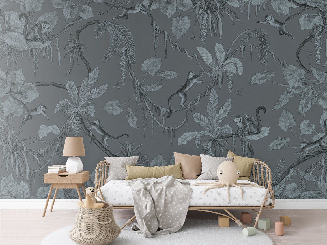 Playful Monkeys - Monochrome - blue luxury wallpaper in kids room interior — Artehub Egypt