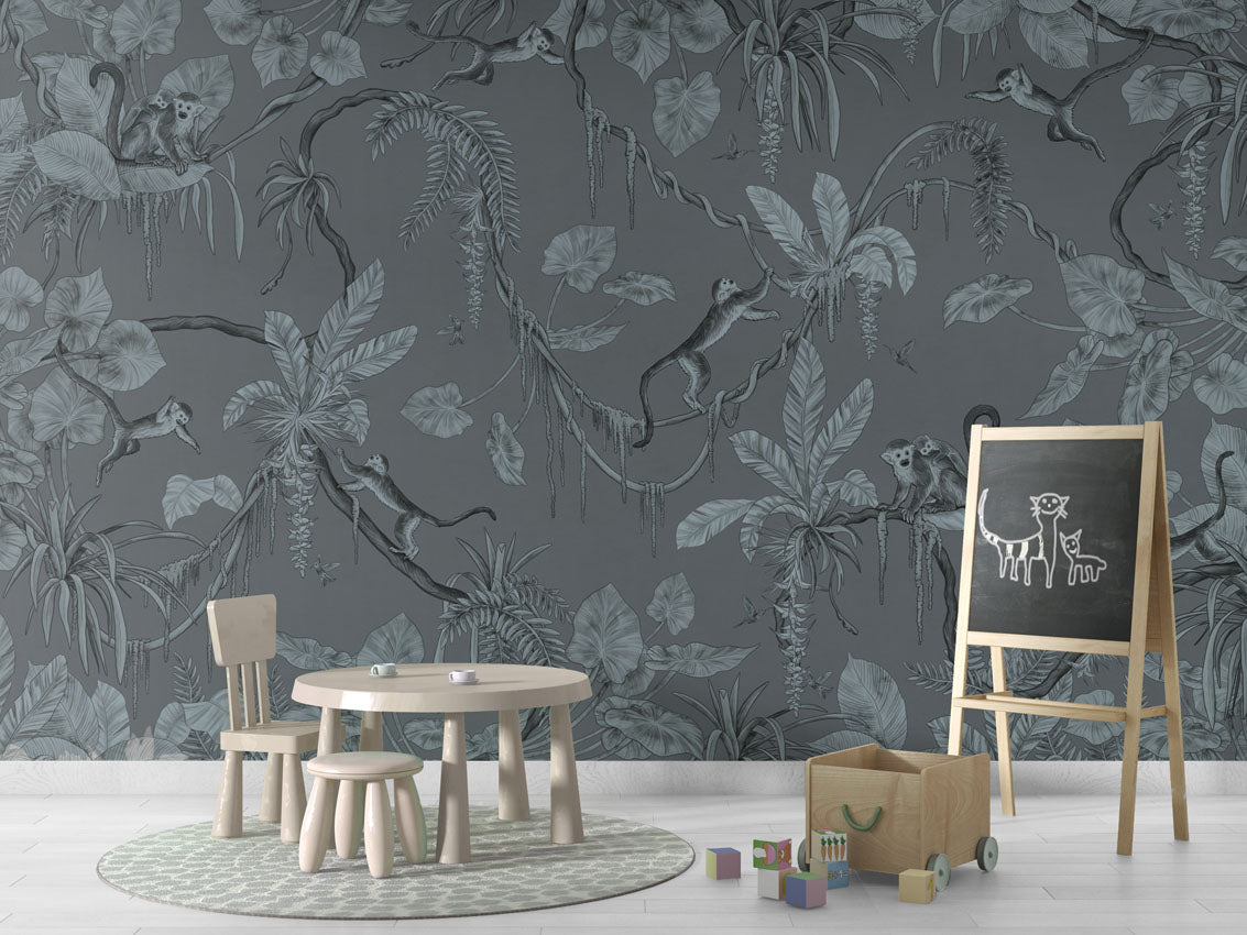 Playful Monkeys - Monochrome - blue luxury wallpaper in kids room interior — Artehub Egypt