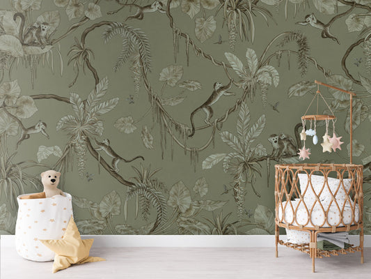 Playful Monkeys - Monochrome - green luxury wallpaper in kids room interior — Artehub Egypt