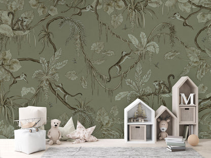 Playful Monkeys - Monochrome - green luxury wallpaper in kids room interior — Artehub Egypt