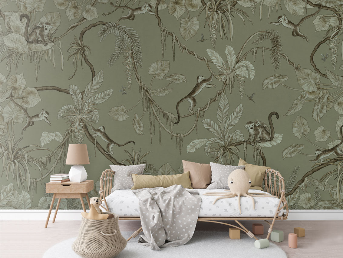 Playful Monkeys - Monochrome - green luxury wallpaper in kids room interior — Artehub Egypt