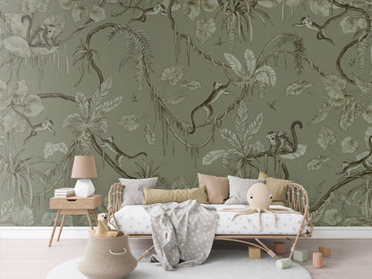 Playful Monkeys - Monochrome - green luxury wallpaper in kids room interior — Artehub Egypt