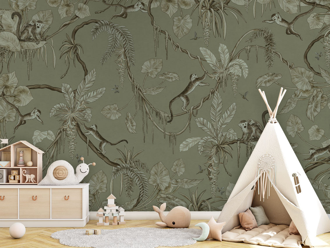 Playful Monkeys - Monochrome - green luxury wallpaper in kids room interior — Artehub Egypt