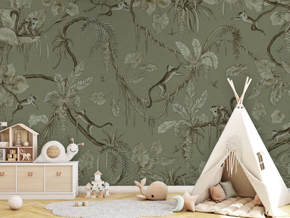 Playful Monkeys - Monochrome - green luxury wallpaper in kids room interior — Artehub Egypt
