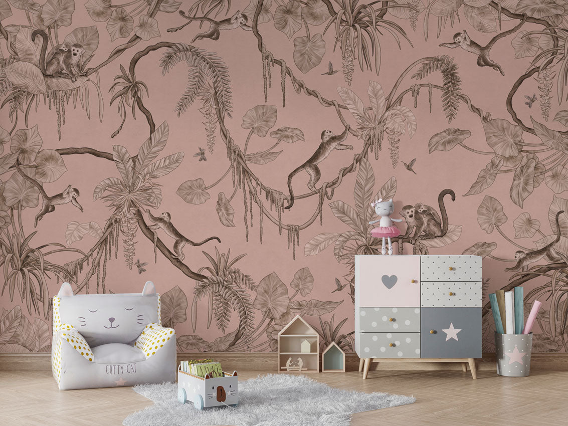 Playful Monkeys - Monochrome - pink luxury wallpaper in kids room interior — Artehub Egypt