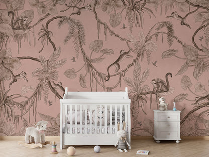 Playful Monkeys - Monochrome - pink luxury wallpaper in kids room interior — Artehub Egypt