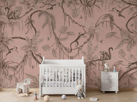 Playful Monkeys - Monochrome - pink luxury wallpaper in kids room interior — Artehub Egypt